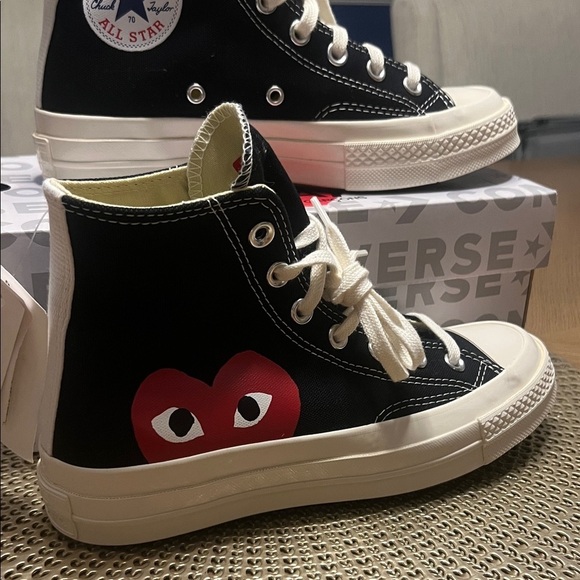 NWT CDG Converse Comme des Garcons Chucks Black White Red Heart W12/M10 - Picture 3 of 10